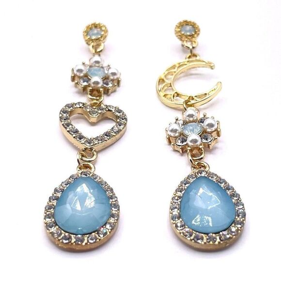 Yellow Gold with Blue and White Crystal Heart Moon Mismatch Post Back Earrings - Picture 2 of 7